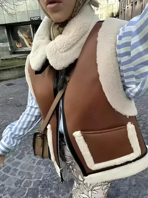 Retro Suede Women's Vest – Warm Plush-Lined Winter Jacket