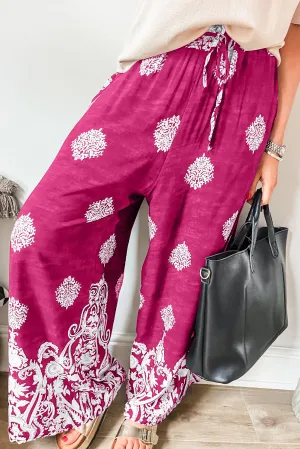 Rose Bohemian Printed Drawstring Waist Wide Leg Pants