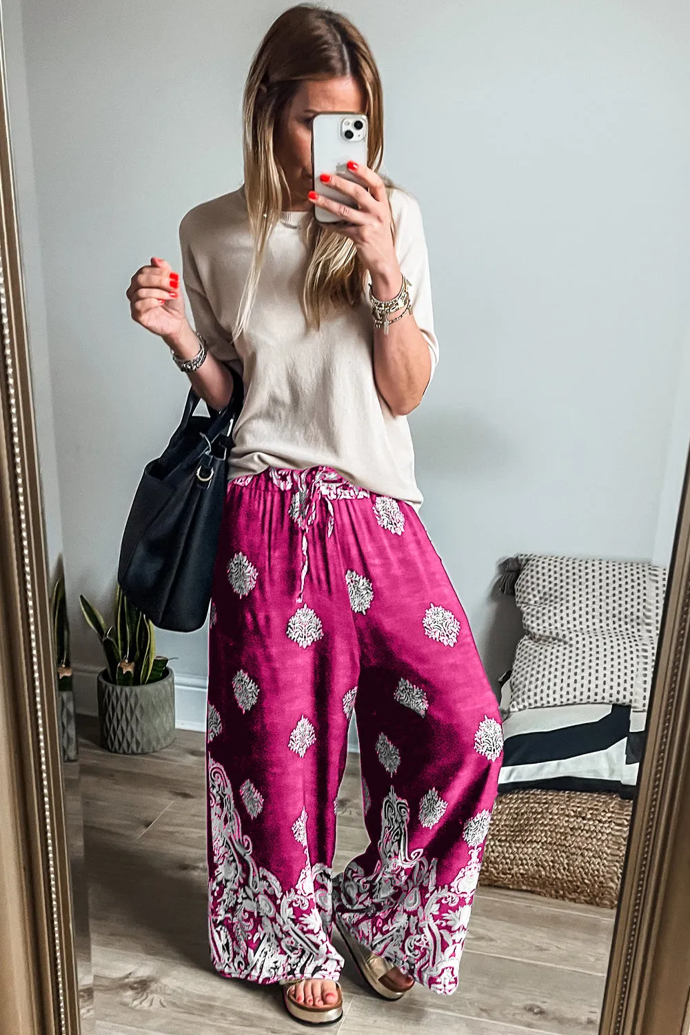 Rose Bohemian Printed Drawstring Waist Wide Leg Pants