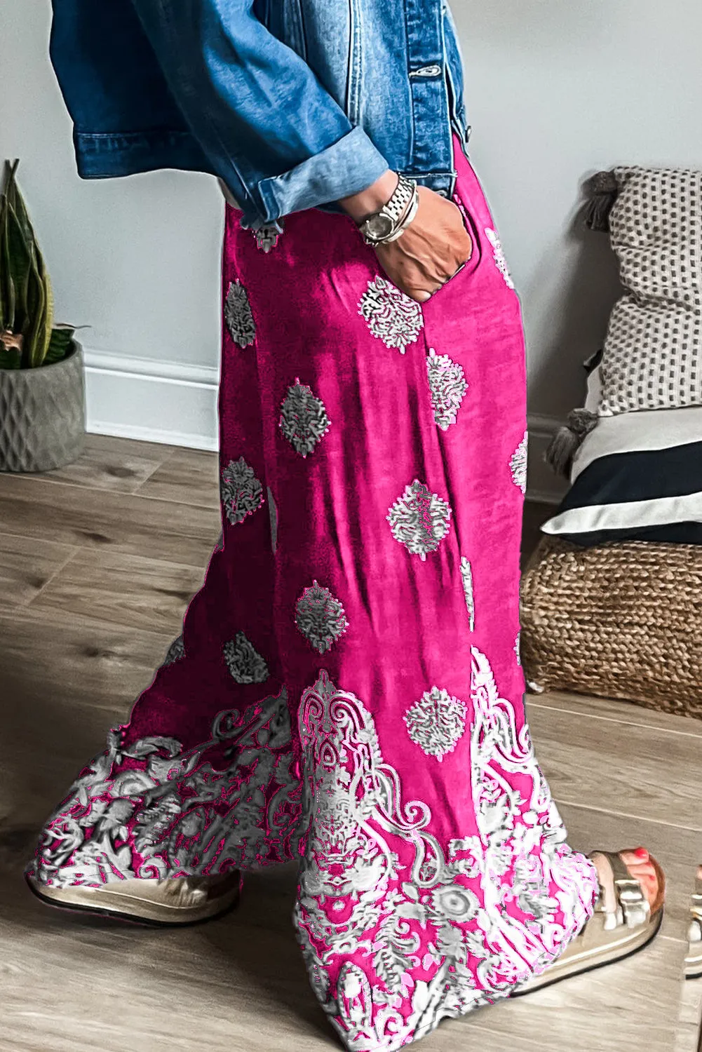 Rose Bohemian Printed Drawstring Waist Wide Leg Pants