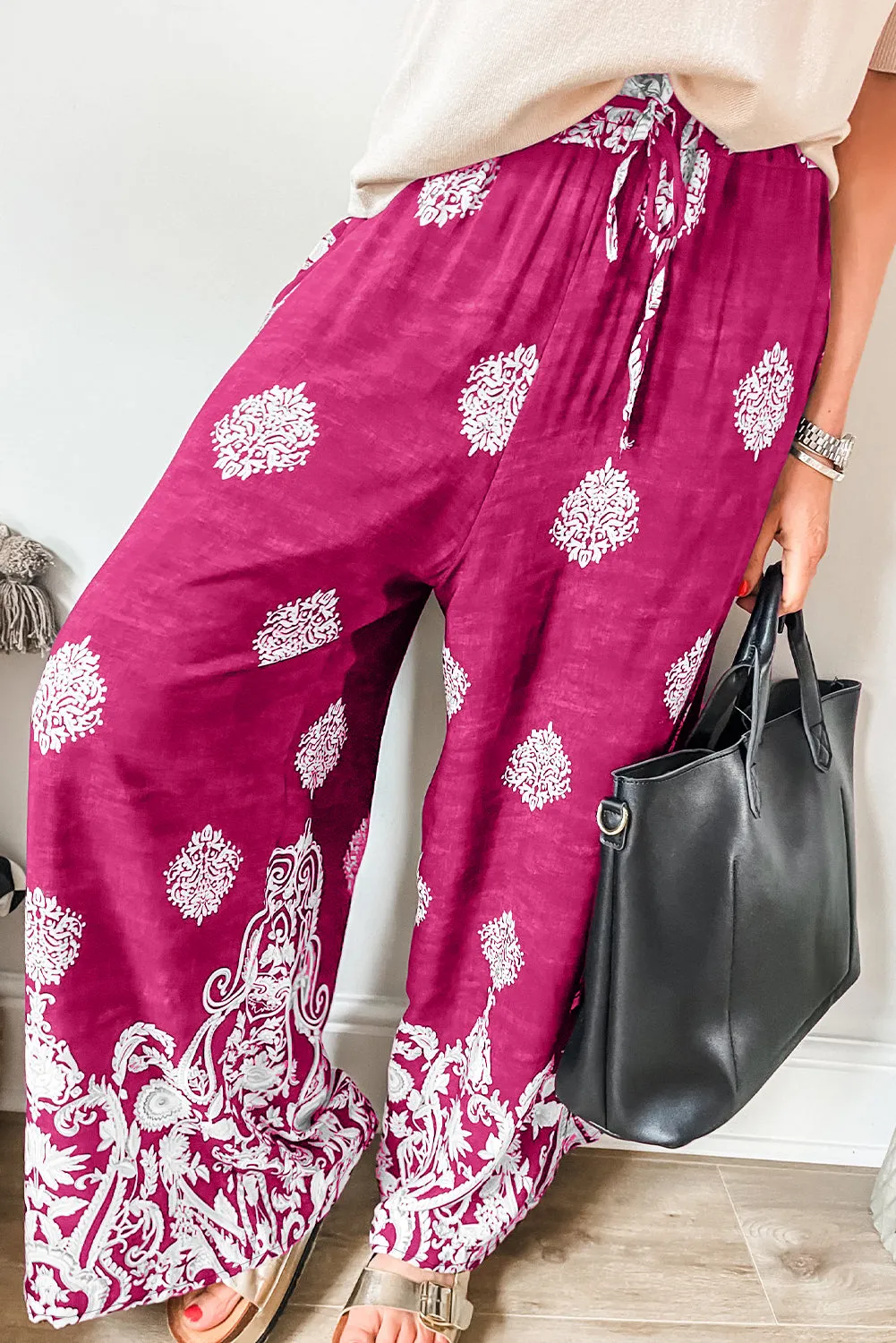 Rose Bohemian Printed Drawstring Waist Wide Leg Pants