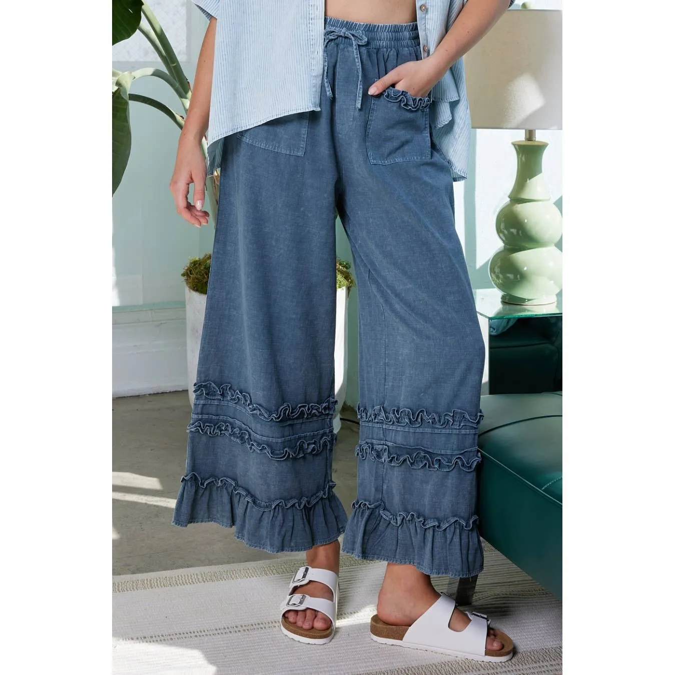 Ruffle Trim Wide Leg Pant
