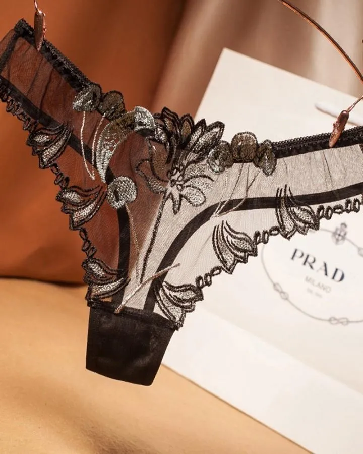 See-through Mesh Splicing Embroidery Thong Panties