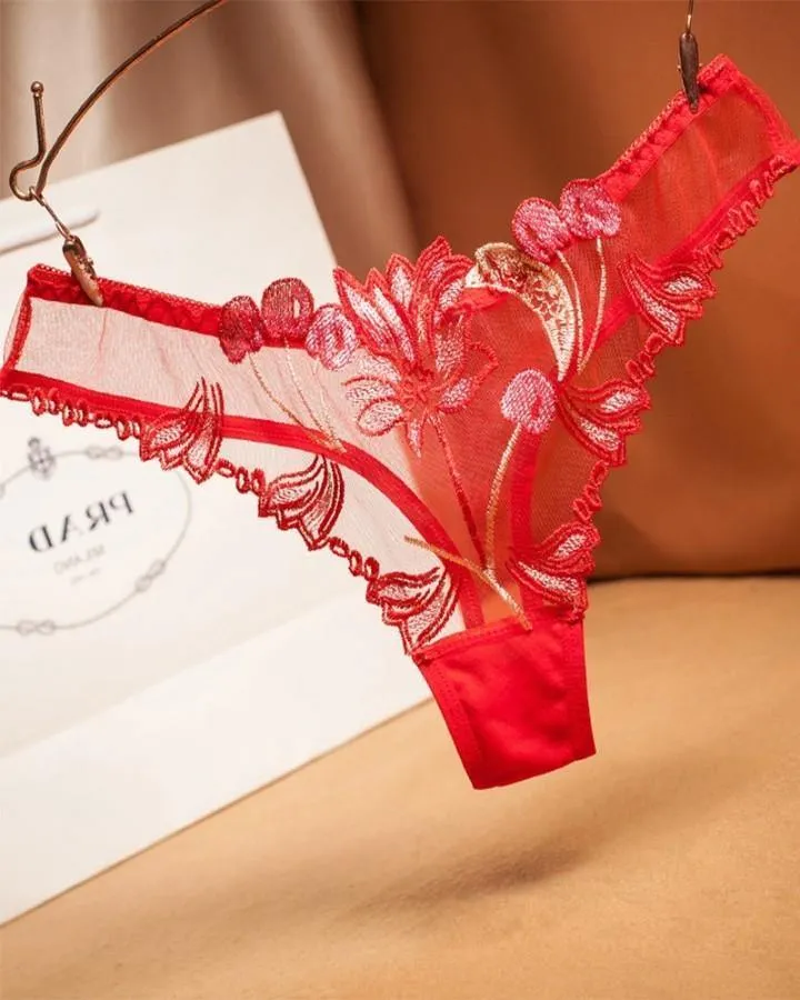 See-through Mesh Splicing Embroidery Thong Panties