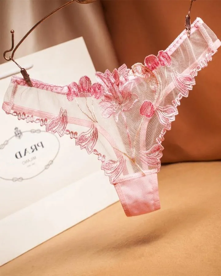 See-through Mesh Splicing Embroidery Thong Panties