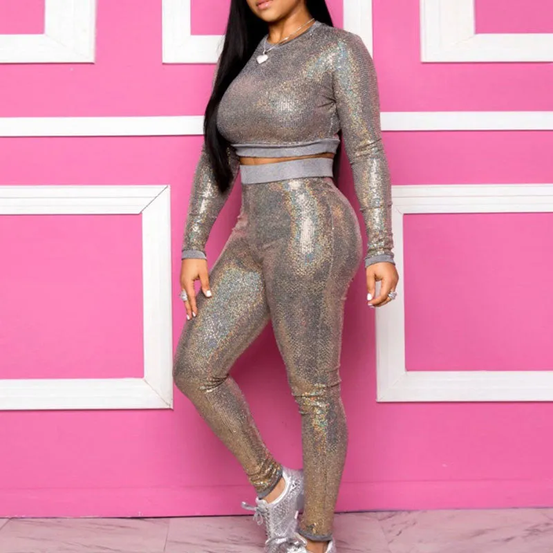 Sequins Long Sleeve Crop Top & Pants Set