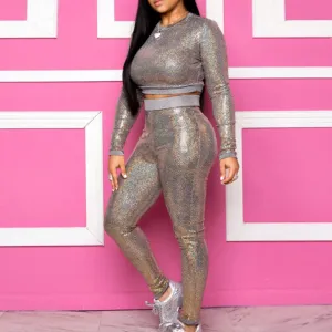 Sequins Long Sleeve Crop Top & Pants Set
