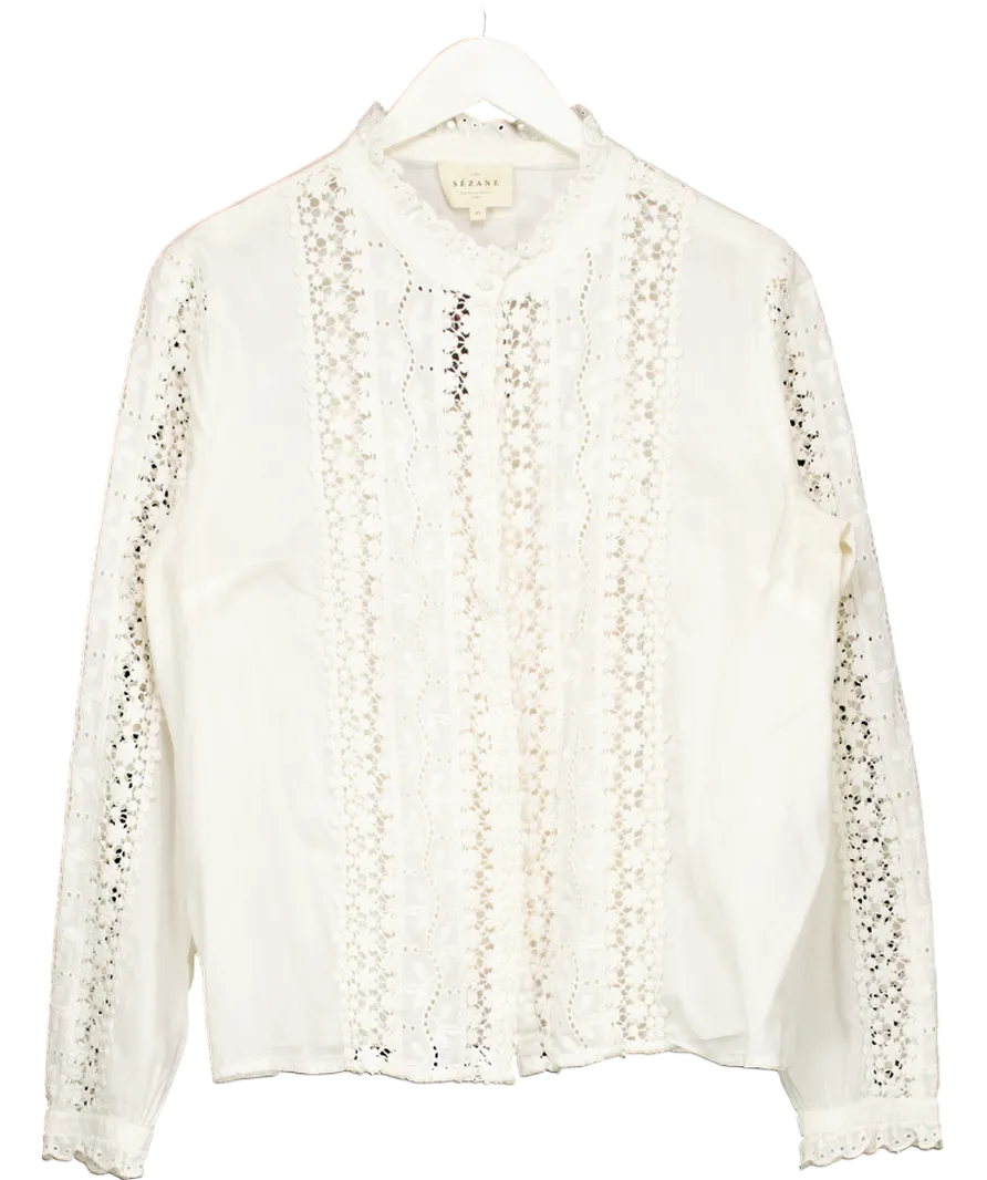 Sezane Cream Cotton Lace Trimmed Blouse UK 14
