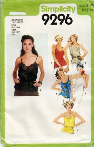 Simplicity 9296 Womens Bias Camisole Tops 1980s Vintage Sewing Pattern Size 6 & 8 UNCUT Factory Folded