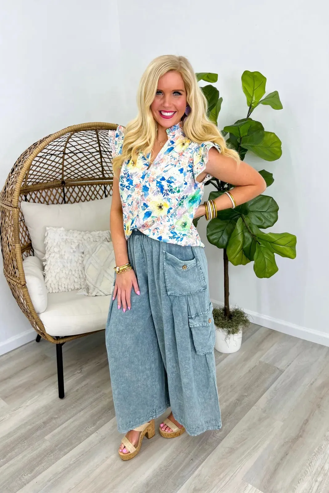 Slate Washed Pocket Wide Leg Pants