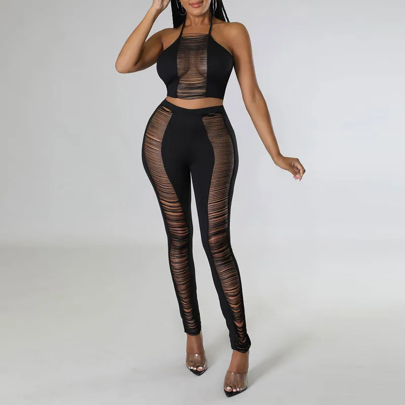 Solid Halter Cut Out Tube Top & Pants Set