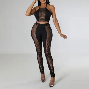 Solid Halter Cut Out Tube Top & Pants Set