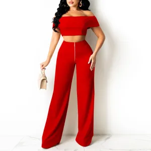 Solid Off Shoulder Tube Top & Wide Leg Pants Set