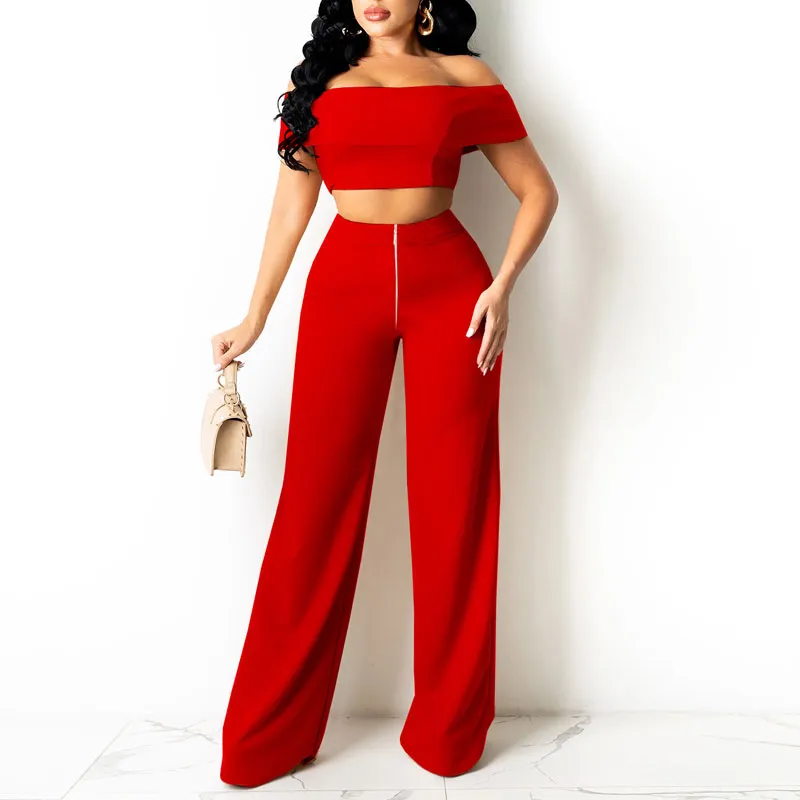 Solid Off Shoulder Tube Top & Wide Leg Pants Set