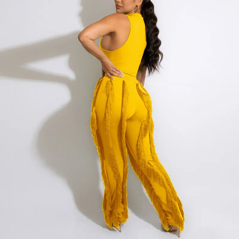 Solid Sleeveless Tank Top & Tassel Design Pants Set