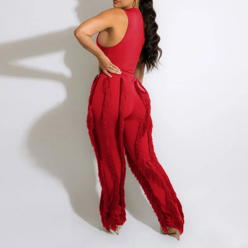 Solid Sleeveless Tank Top & Tassel Design Pants Set