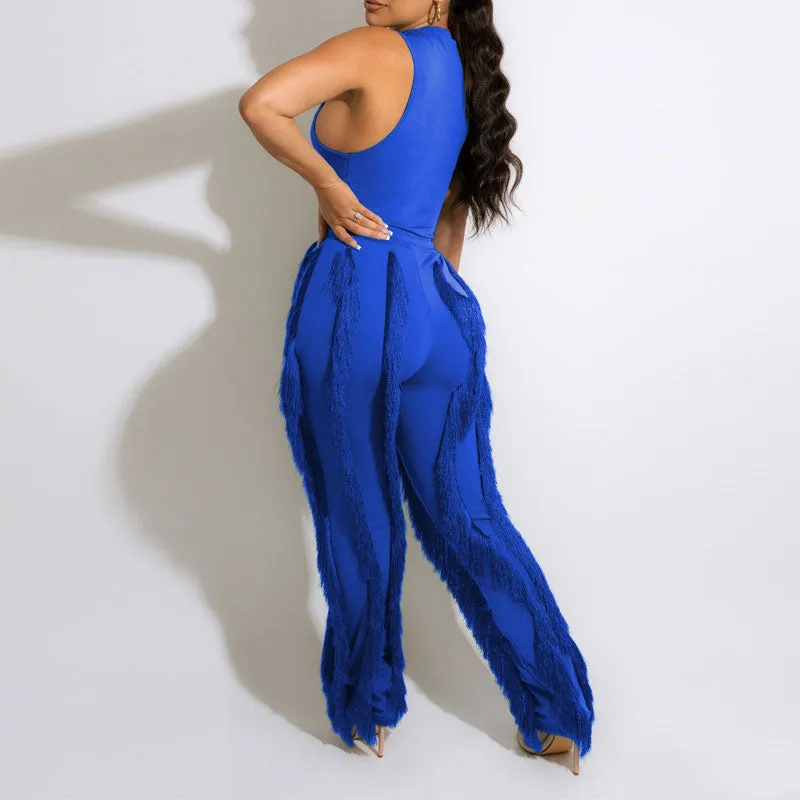 Solid Sleeveless Tank Top & Tassel Design Pants Set