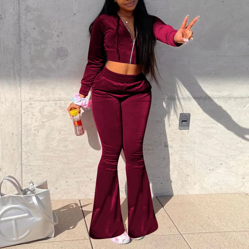 Solid Velvet Long Sleeve Hoodie Top & Bell Bottomed Pants Set