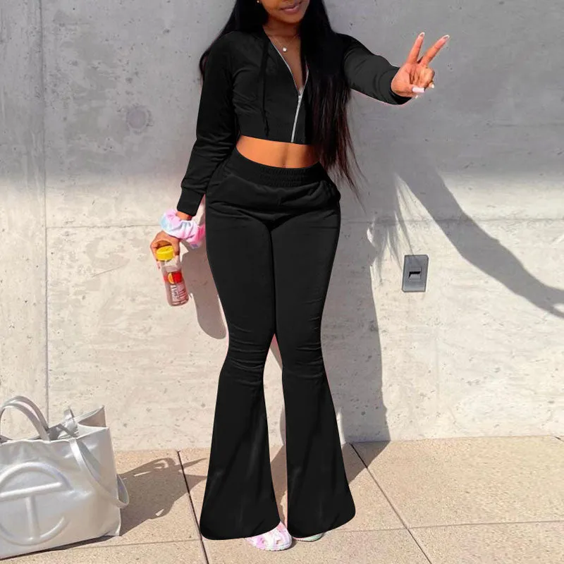Solid Velvet Long Sleeve Hoodie Top & Bell Bottomed Pants Set