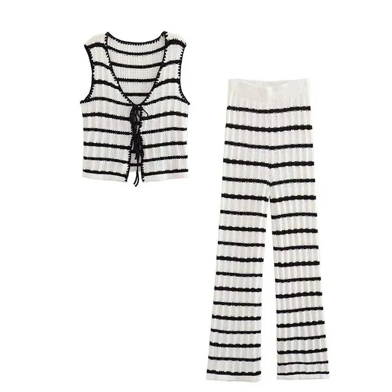 Summer 2 Piece Suit Black And White Striped V-Neck