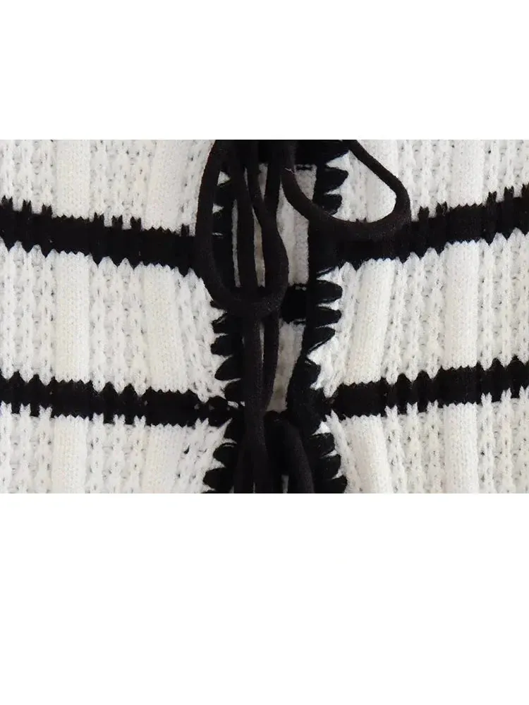 Summer 2 Piece Suit Black And White Striped V-Neck
