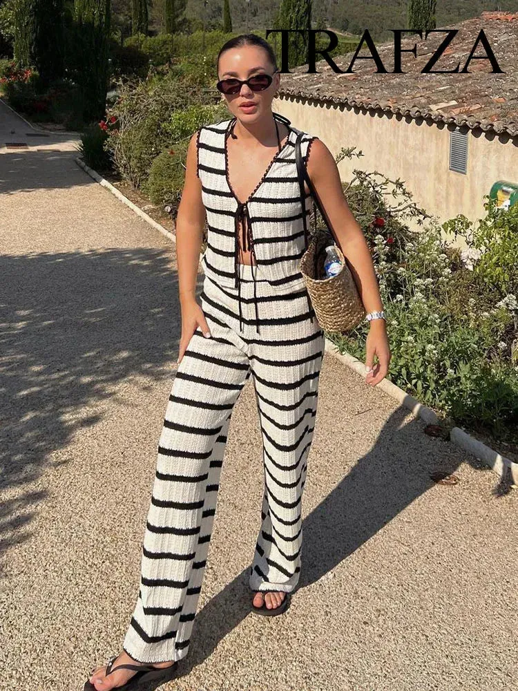 Summer 2 Piece Suit Black And White Striped V-Neck
