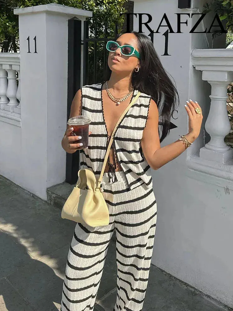 Summer 2 Piece Suit Black And White Striped V-Neck