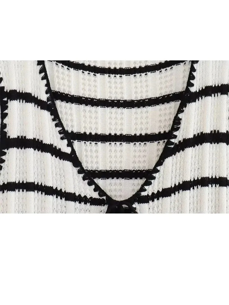 Summer 2 Piece Suit Black And White Striped V-Neck