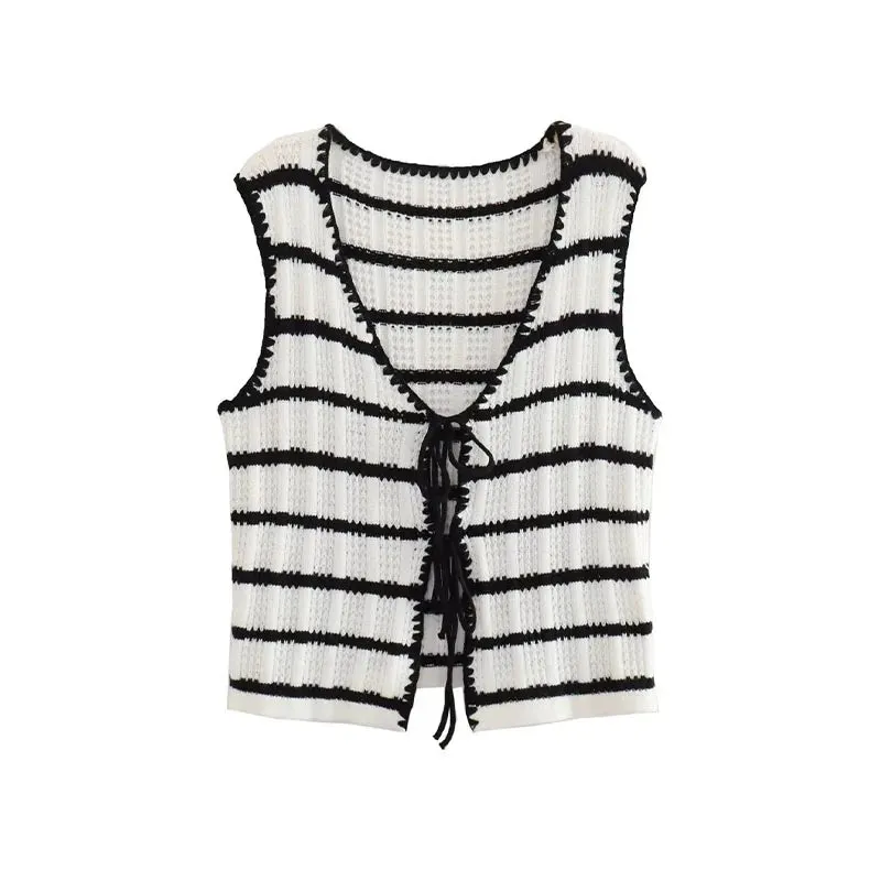 Summer 2 Piece Suit Black And White Striped V-Neck