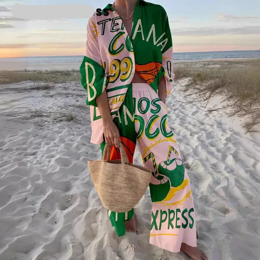 Summer Fashion Printed Shirt Two Piece Set Women Casual Loose Street Button Shirt Wide Leg Pants Two Piece Set Women
