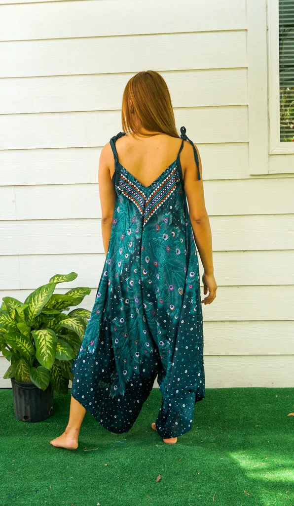 Teal Peacock Feather Boho Jumpsuit