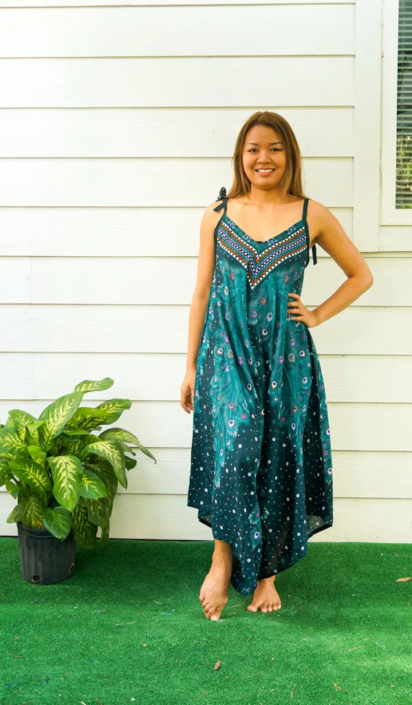 Teal Peacock Feather Boho Jumpsuit
