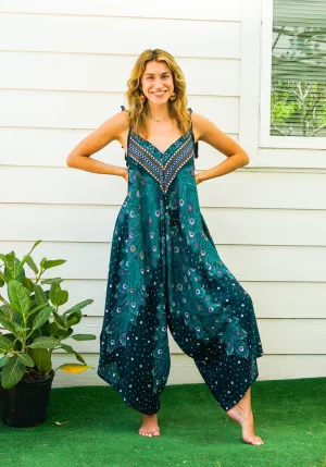 Teal Peacock Feather Boho Jumpsuit