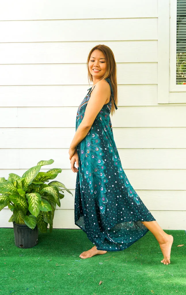 Teal Peacock Feather Boho Jumpsuit