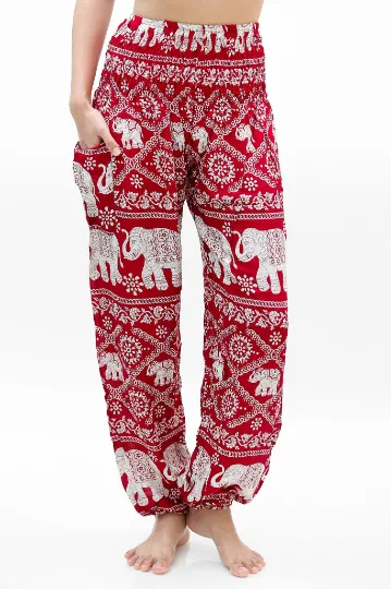Unisex Bohemian Elephant Lattice Print Harem Pants- Burgundy