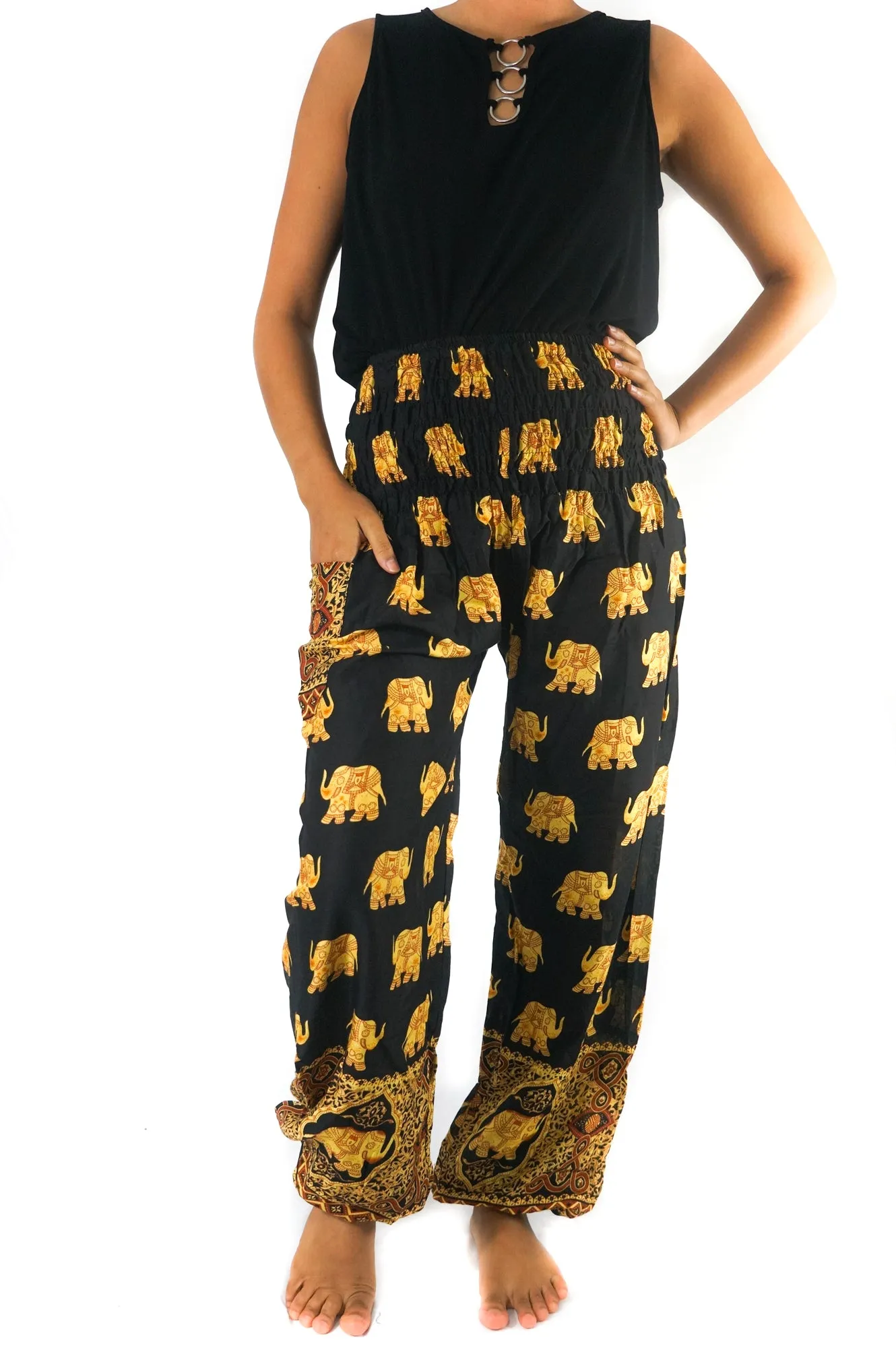Unisex Bohemian Elephant Print Motif Harem Pants- Black/Yellow