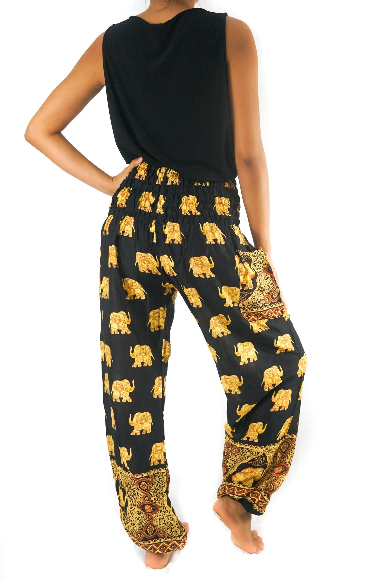 Unisex Bohemian Elephant Print Motif Harem Pants- Black/Yellow