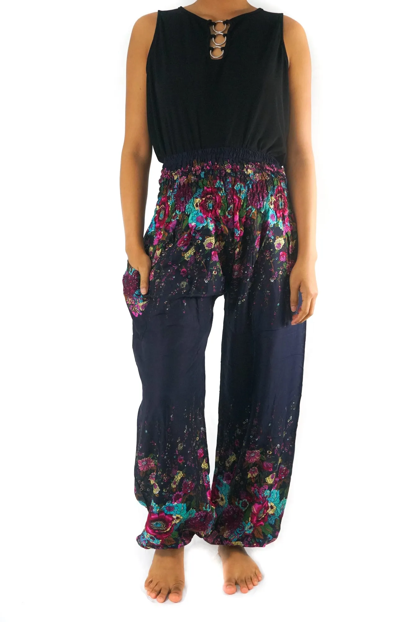 Unisex Bohemian Floral Harem Pants- Navy Multi