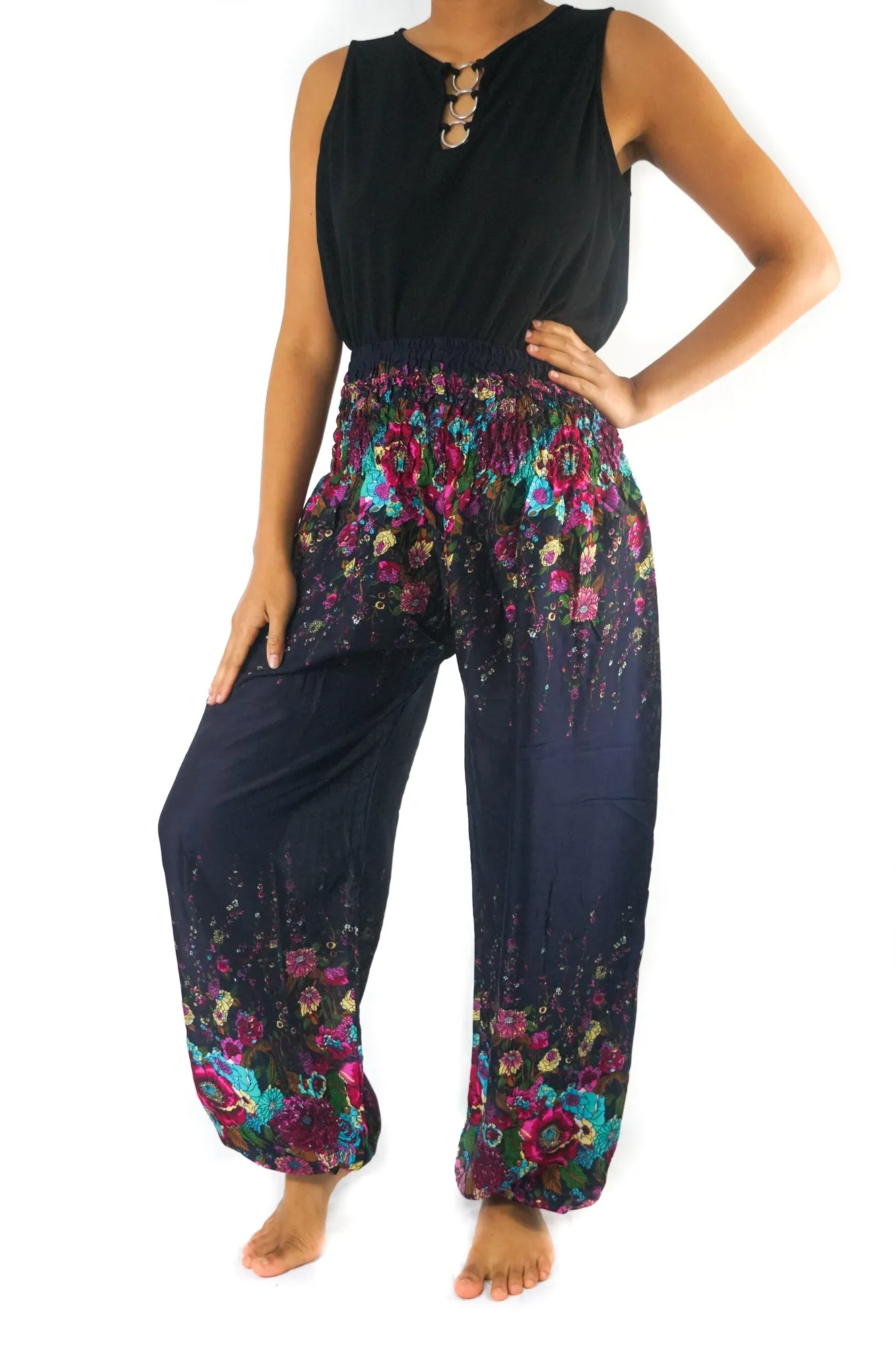 Unisex Bohemian Floral Harem Pants- Navy Multi