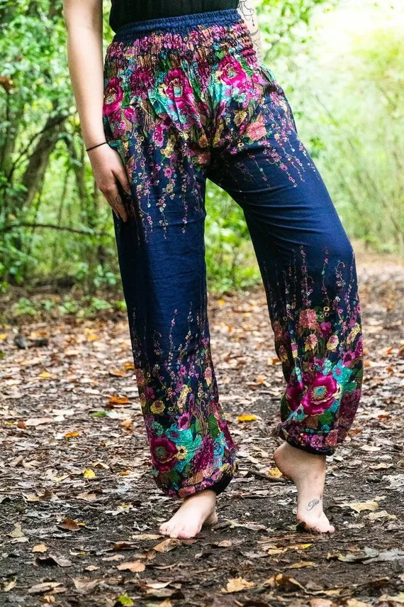 Unisex Bohemian Floral Harem Pants- Navy Multi