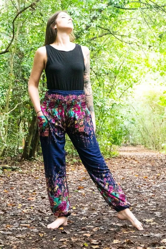 Unisex Bohemian Floral Harem Pants- Navy Multi