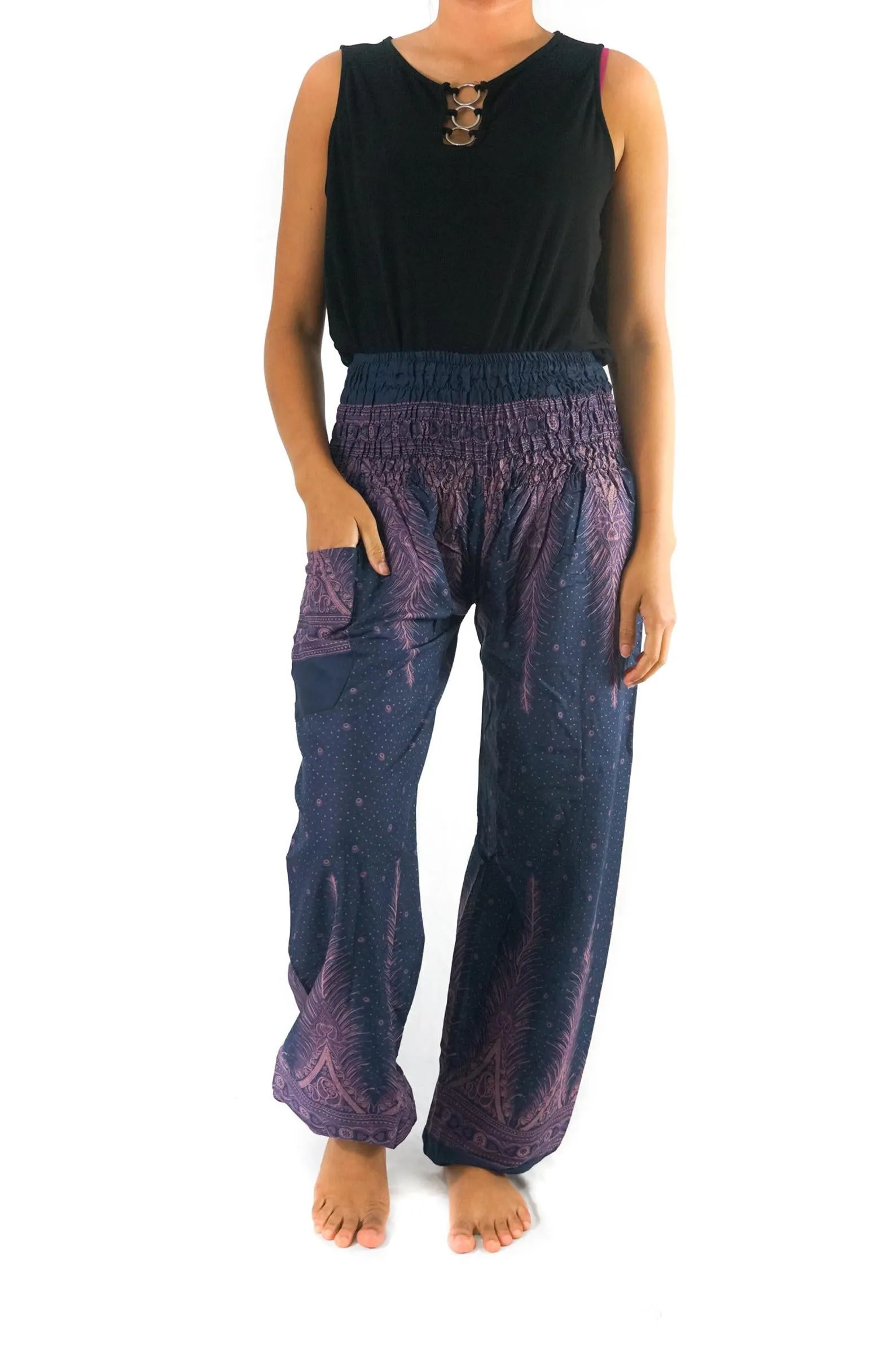 Unisex Bohemian Peacock Feather Harem Pants- Blue