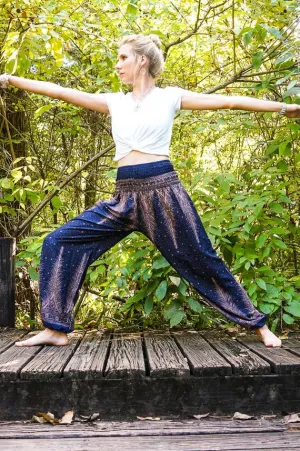 Unisex Bohemian Peacock Feather Harem Pants- Blue