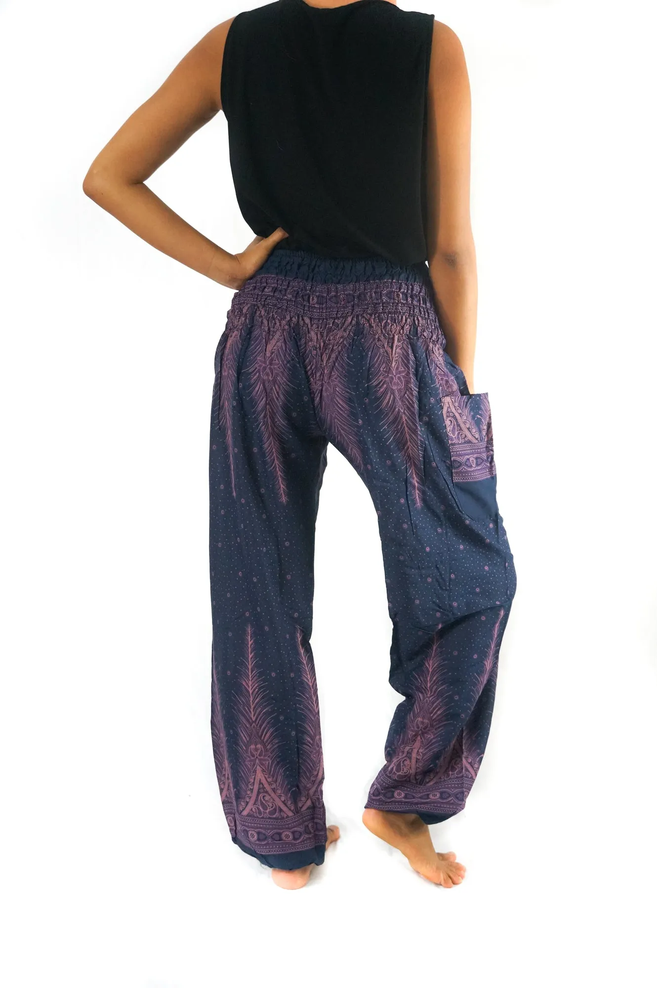 Unisex Bohemian Peacock Feather Harem Pants- Blue