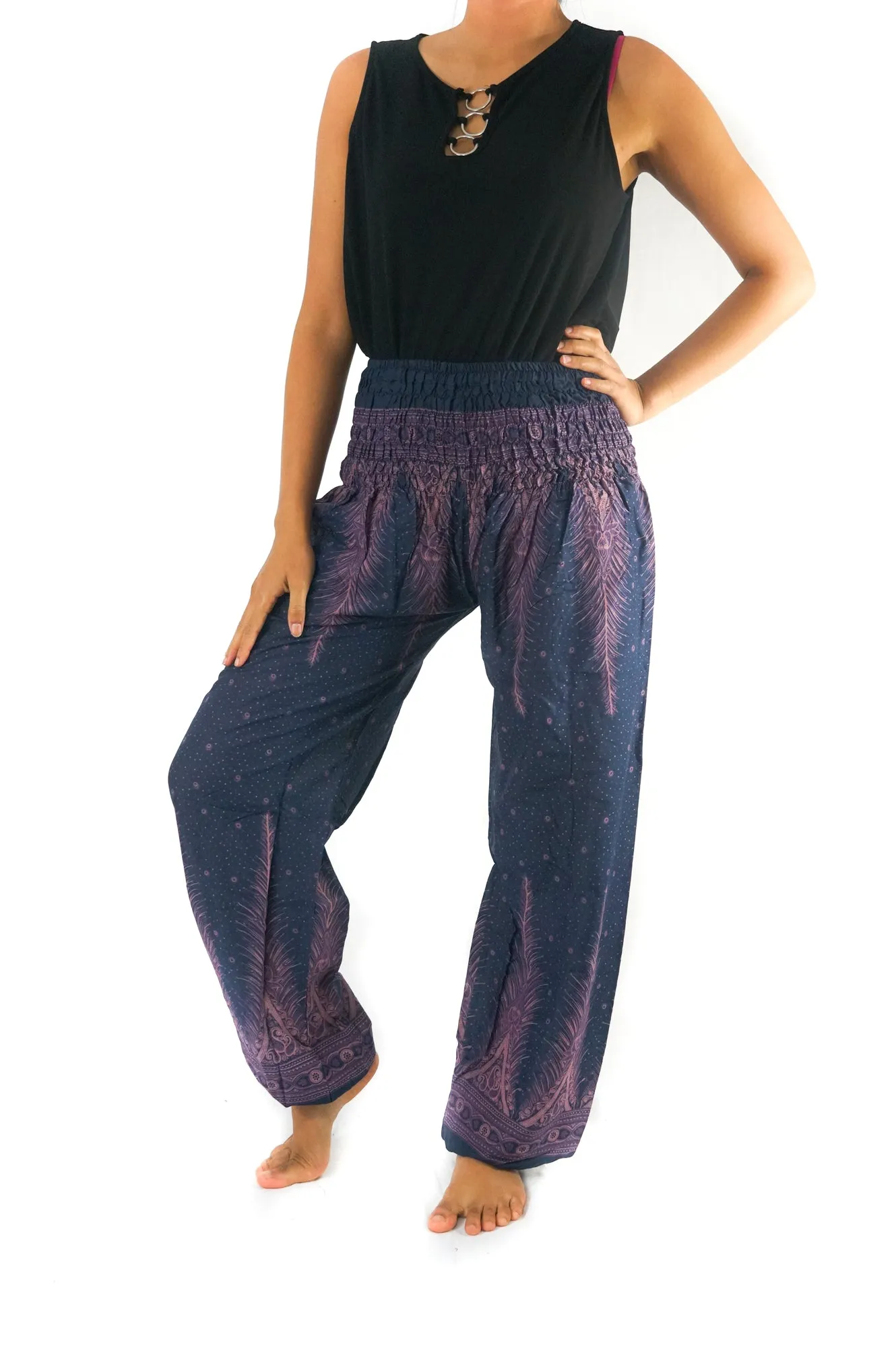 Unisex Bohemian Peacock Feather Harem Pants- Blue