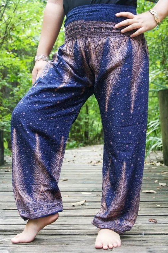 Unisex Bohemian Peacock Feather Harem Pants- Blue