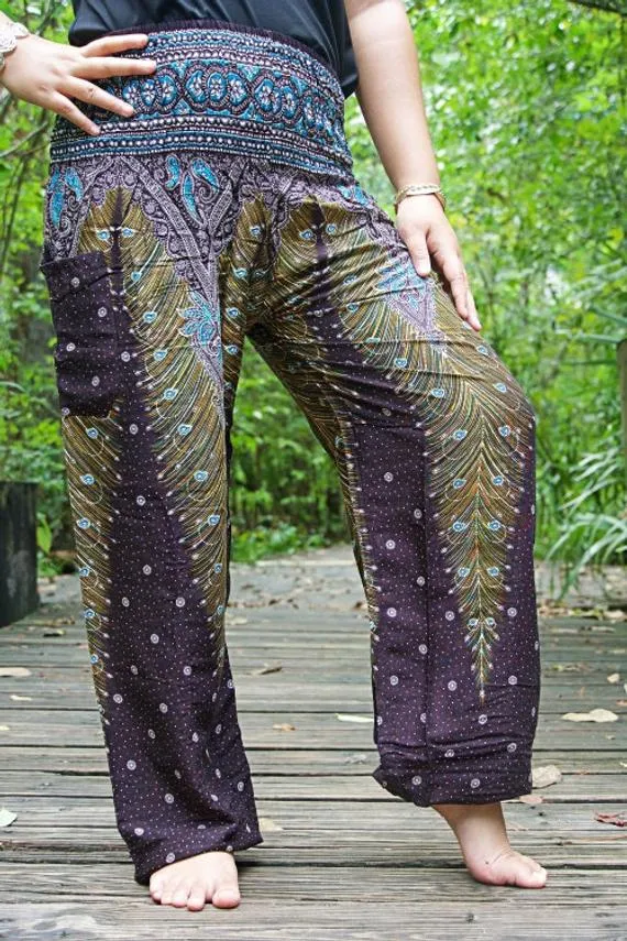 Unisex Bohemian Peacock Feather Harem Pants- Brown