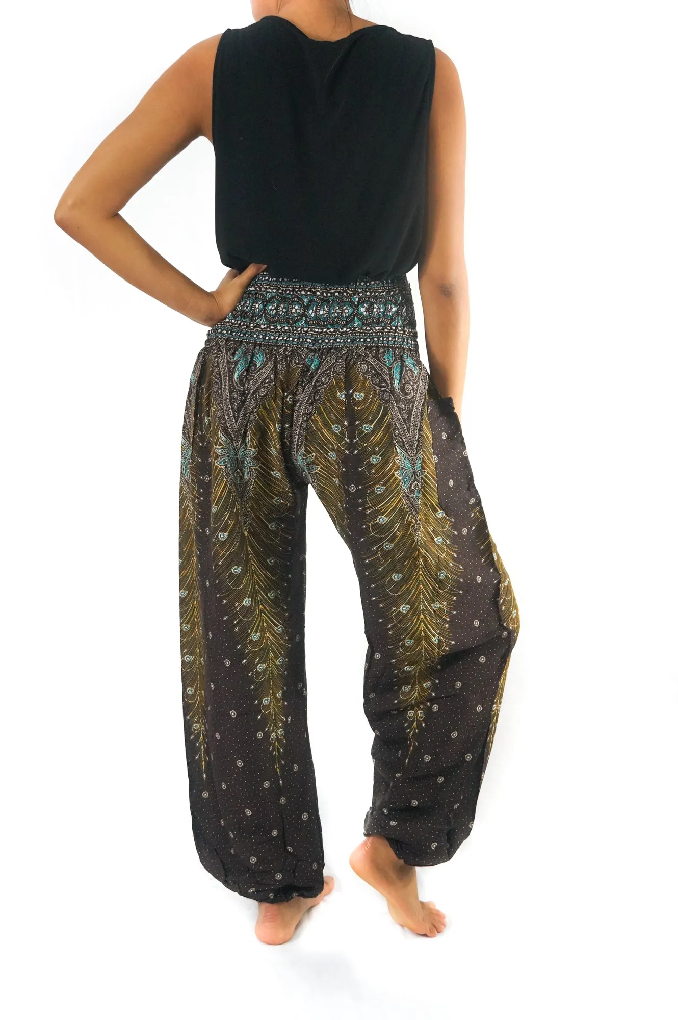 Unisex Bohemian Peacock Feather Harem Pants- Brown