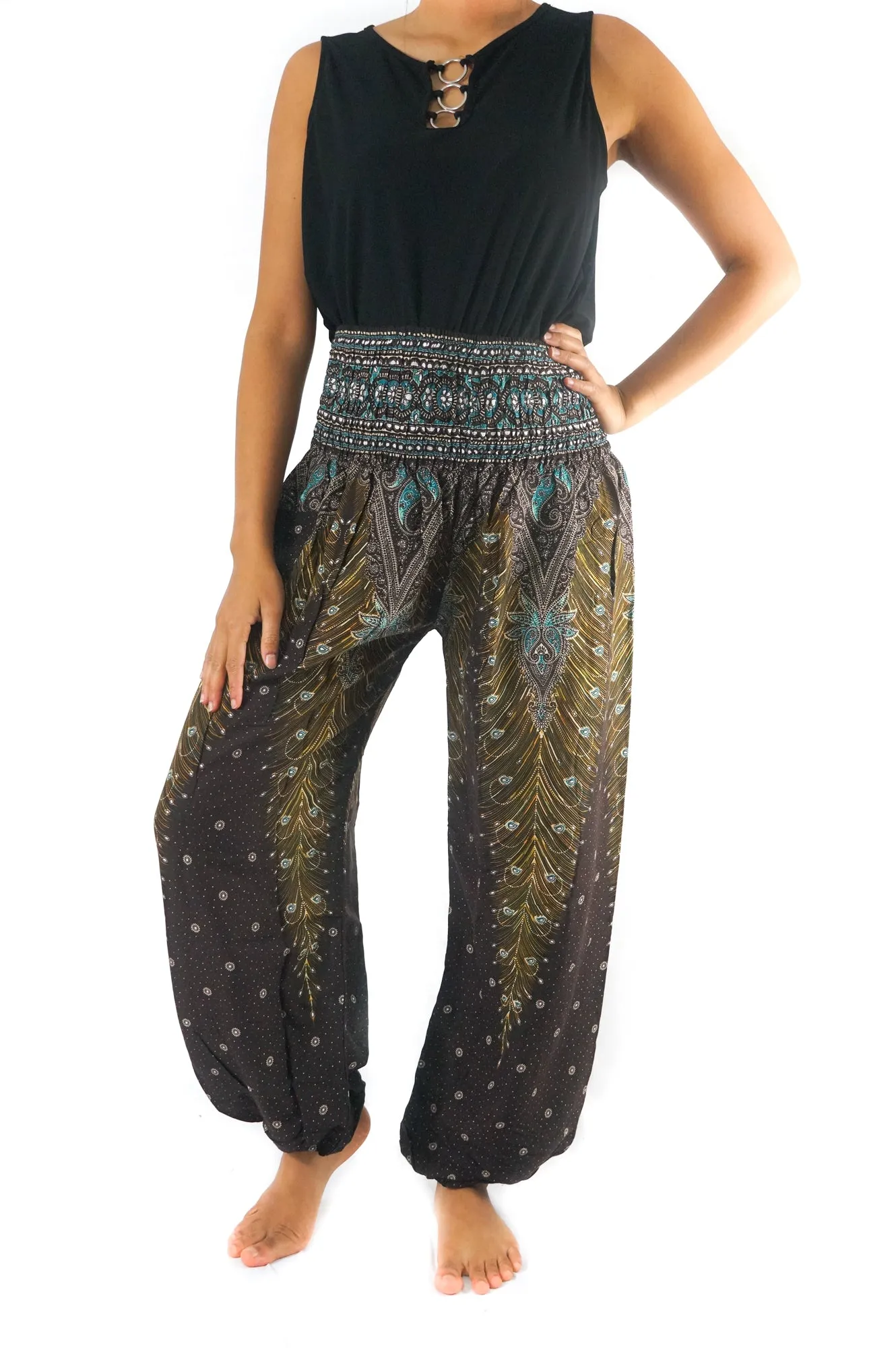 Unisex Bohemian Peacock Feather Harem Pants- Brown