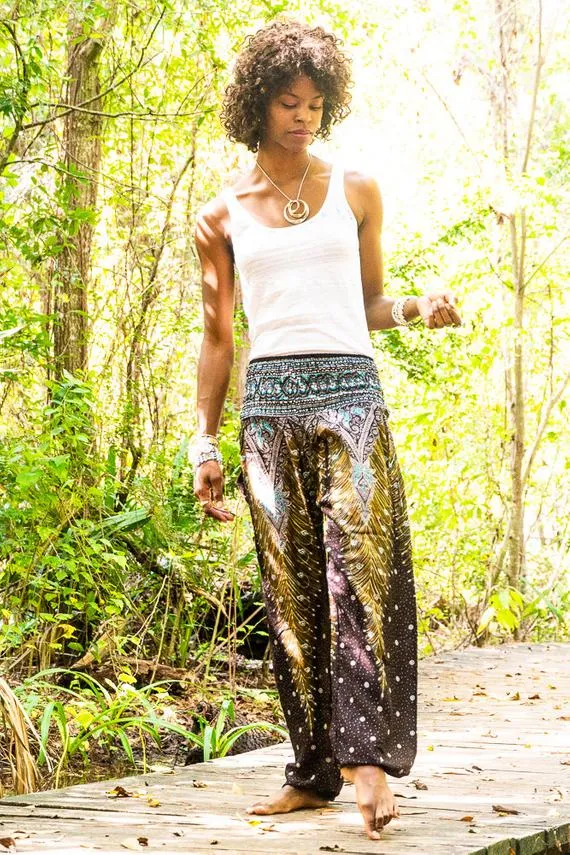 Unisex Bohemian Peacock Feather Harem Pants- Brown